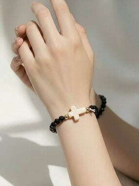 Faith Core Black Beaded Cross Bracelet Ivory Gold Accent Stretch Minimalist Chic
